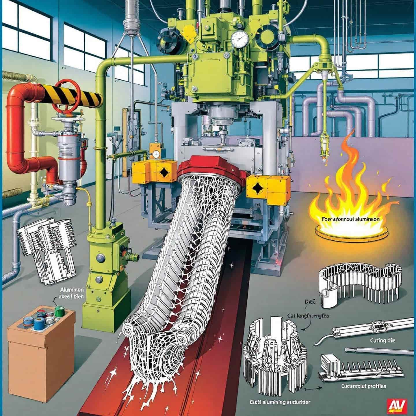 illustration of the aluminum extrusion process creating complex shapes