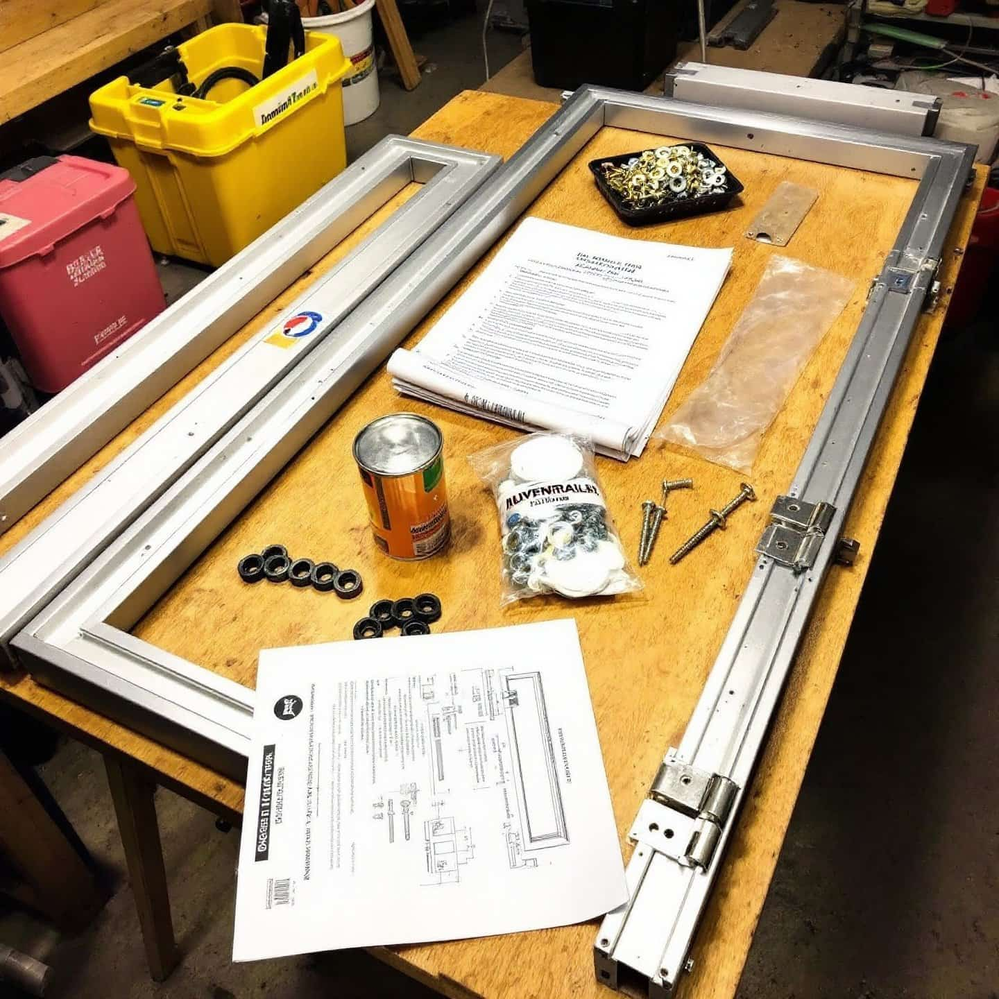 components of an aluminum door frame kit ready for assembly