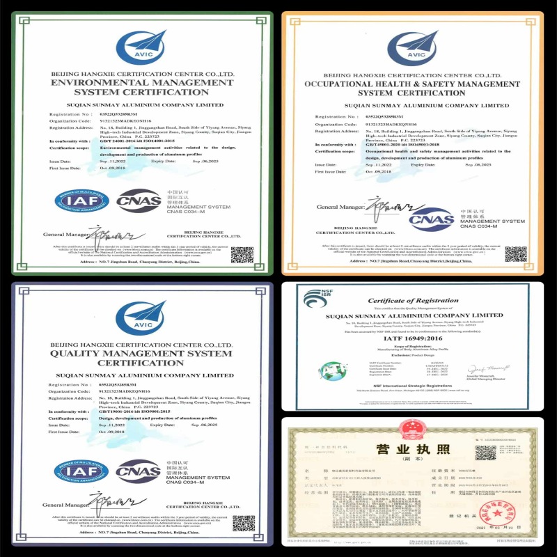 Sunmay certification for ISO 9001 and CE standards, ensuring high-quality aluminum profiles for construction and industrial use.